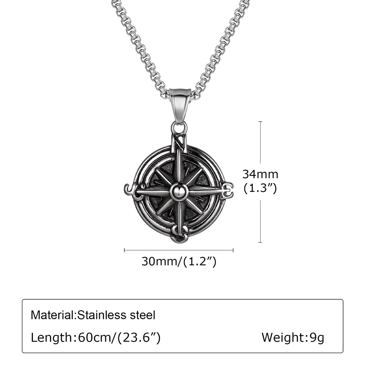 Vintage Compass Coin Pendant Necklace — Stainless Steel