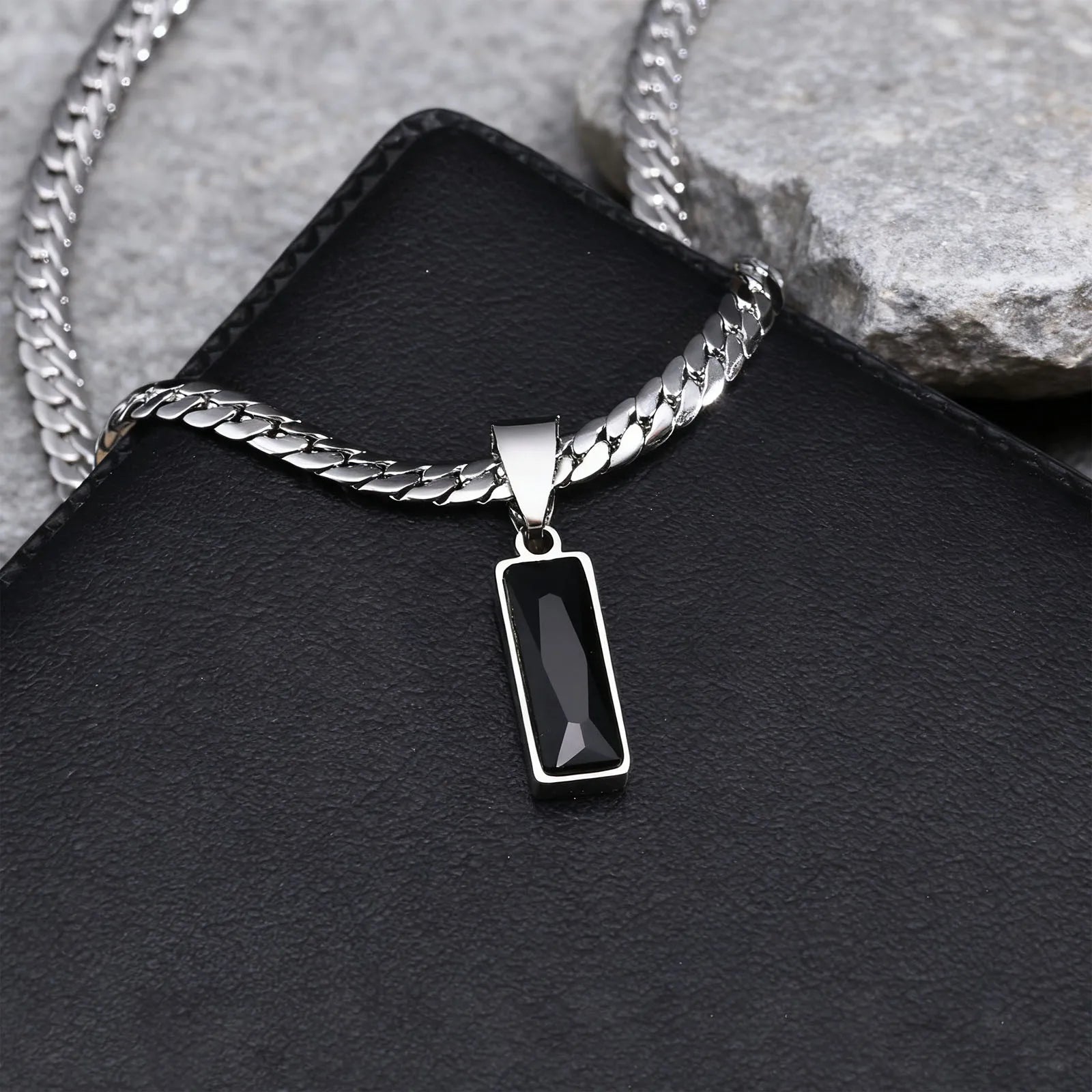 Stylish Black Square Stone Necklaces for Men Women,Waterproof Stainless Steel Flat Cuban Chain Collars,Hip Hop Jewelry Gifts