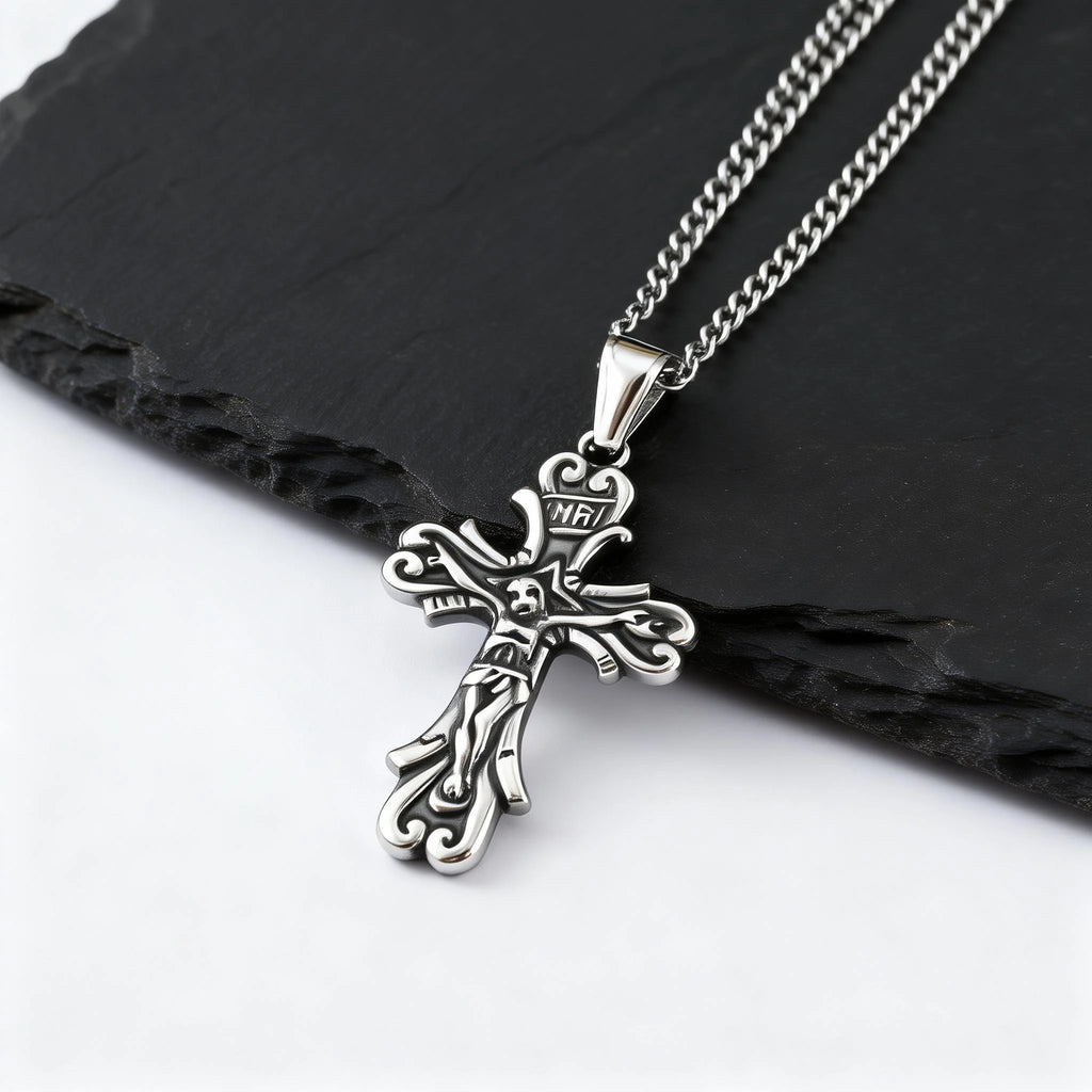 Gothic Cross Necklace for Men,Retro Grey Stainless Steel Crucifix Pendant Necklace,Vintage Punk Jewelry Gift