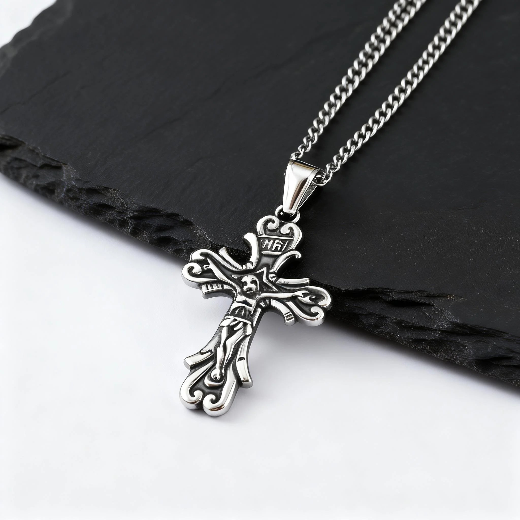 Gothic Cross Necklace for Men,Retro Grey Stainless Steel Crucifix Pendant Necklace,Vintage Punk Jewelry Gift