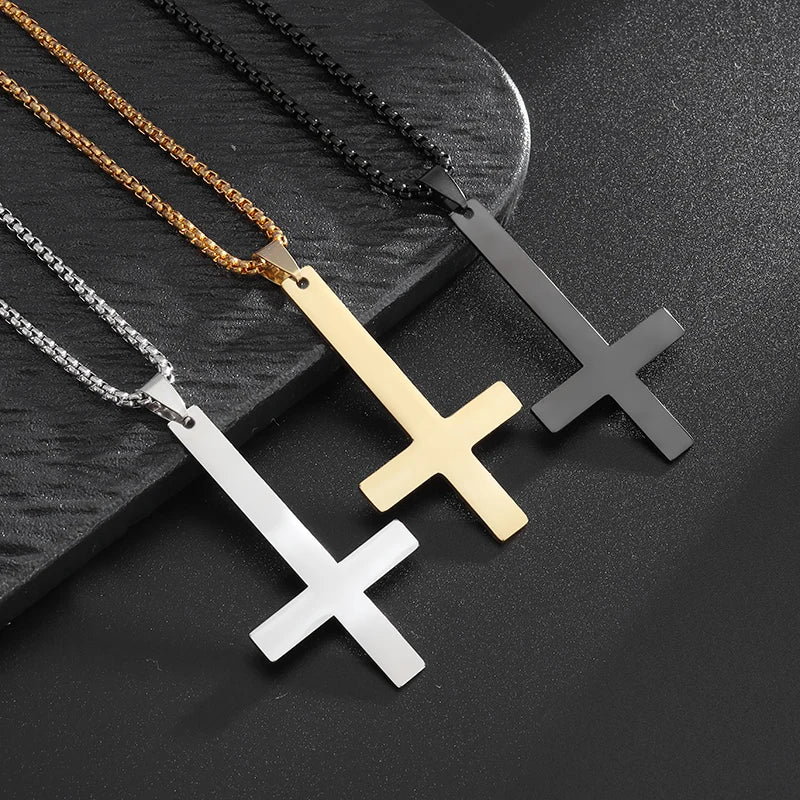 Male Black Plated St Peter's Inverted Cross Pendant Necklace for Men Stainless Steel Choker Crux de Sanctus Petrus