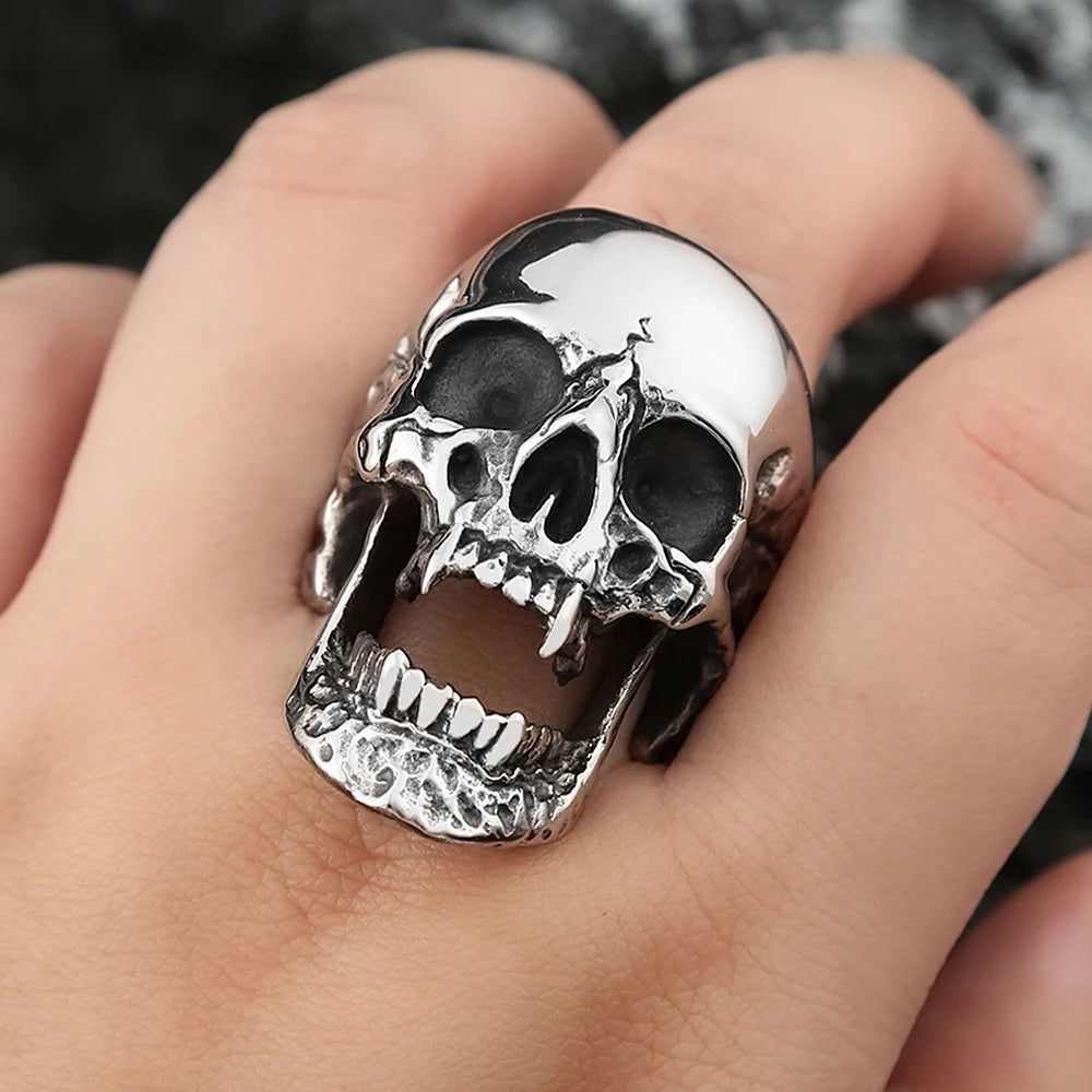 High Polish Gothic Vampire Skull Rings For Men Heavy Skull Stainless Steel Biker Ring Punk Motorcyclist Jewelry Gift