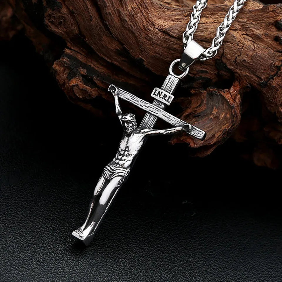 Punk Jesus Christ Cross Pendant Necklace For Men 316L Stainless Steel Fashion Religious Prayer Amulet Jewelry Gifts