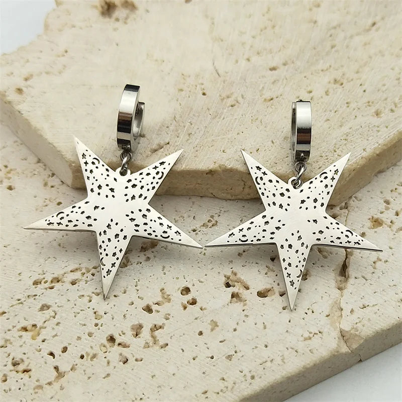 Gothic Star Silver Earrings Pentagram Hollow Hoop