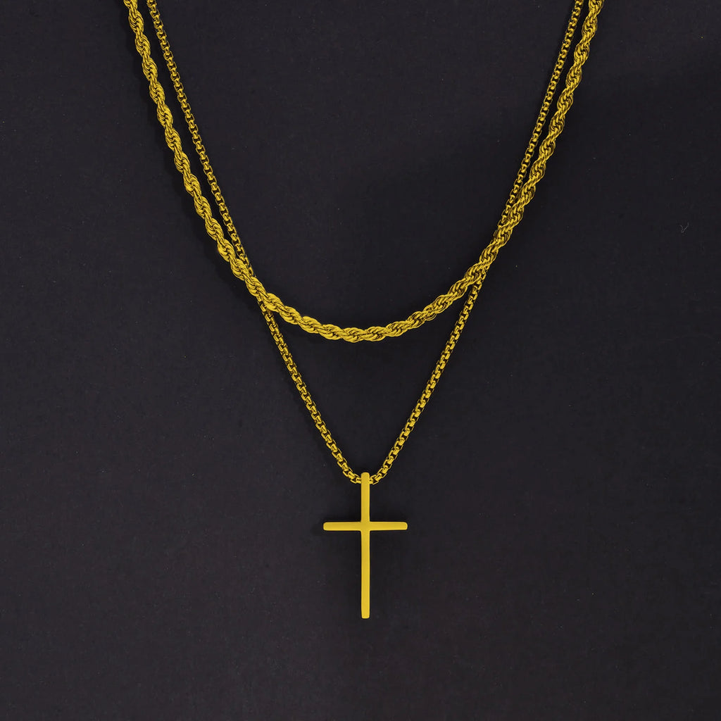 Vnox Dropshipping Mens Cross Necklaces Stainless Steel Layered Plain Cross Pendant Rope Box Chain Necklace Prayer Jesus Collar