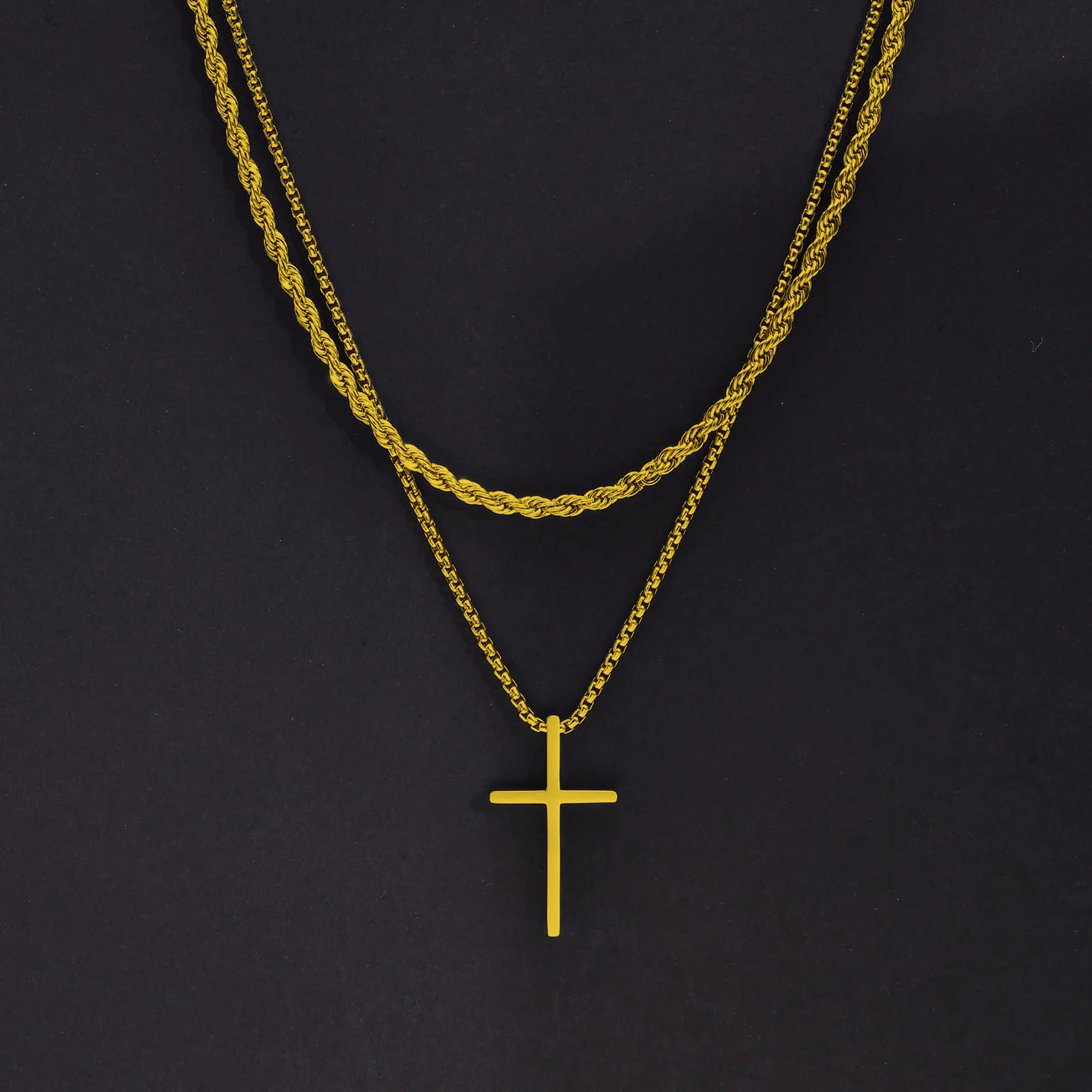 Vnox Dropshipping Mens Cross Necklaces Stainless Steel Layered Plain Cross Pendant Rope Box Chain Necklace Prayer Jesus Collar