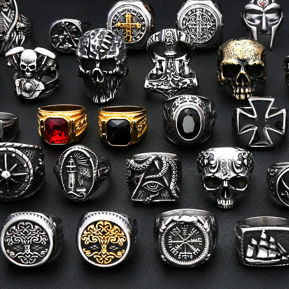 Fashion Punk Vintage Skull Ring Stainless Steel Gothic Biker Ring For Men Women Unique Viking Amulet Jewelry Gift