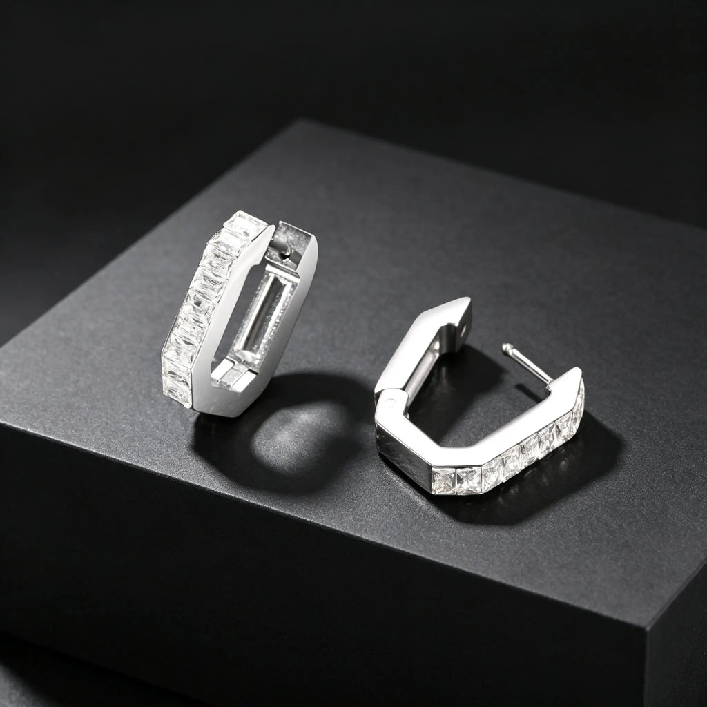 Men's U-shaped White Zircon Hoop Earrings, Fashion High Quality Waterproof Stainless Steel Earrings, Simple Fashion Jewelry