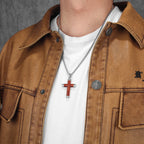 Wood Cross Pendant Necklace — Stainless Steel