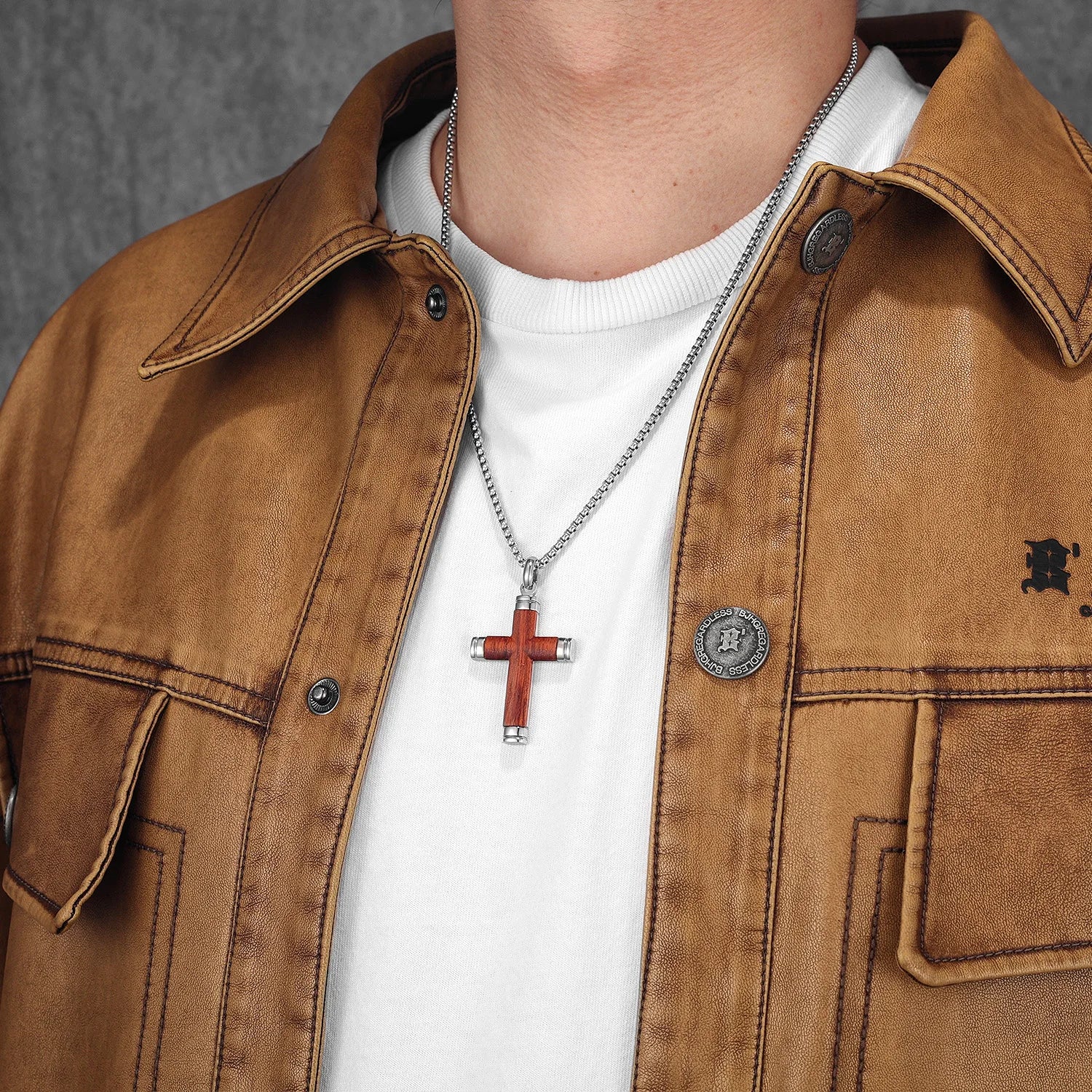 Wood Cross Pendant Necklace — Stainless Steel