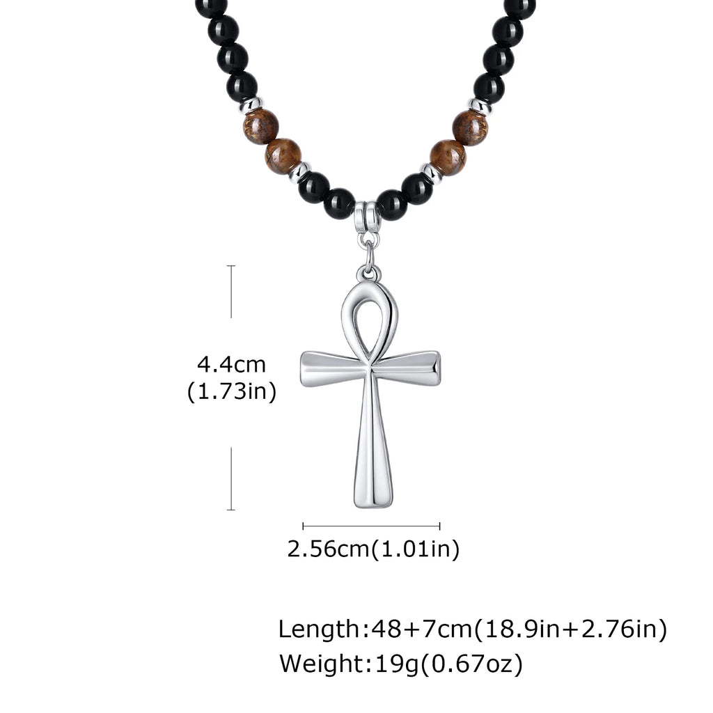 Fashion Stainless Steel Anka Cross Pendant Necklace, Natural Tiger Eye Stone Beaded Chain Necklace, Trendy Punk Jewelry