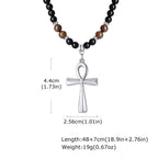 Fashion Stainless Steel Anka Cross Pendant Necklace, Natural Tiger Eye Stone Beaded Chain Necklace, Trendy Punk Jewelry