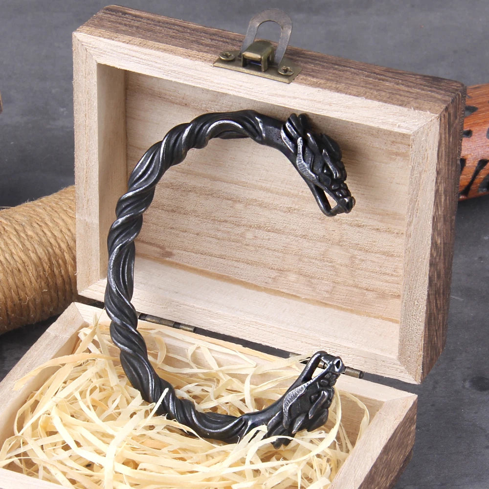 Gray Color Stainless Steel Nordic Viking Norse Dragon Bracelet Men Wristband Cuff Bracelets with Viking Wooden Box