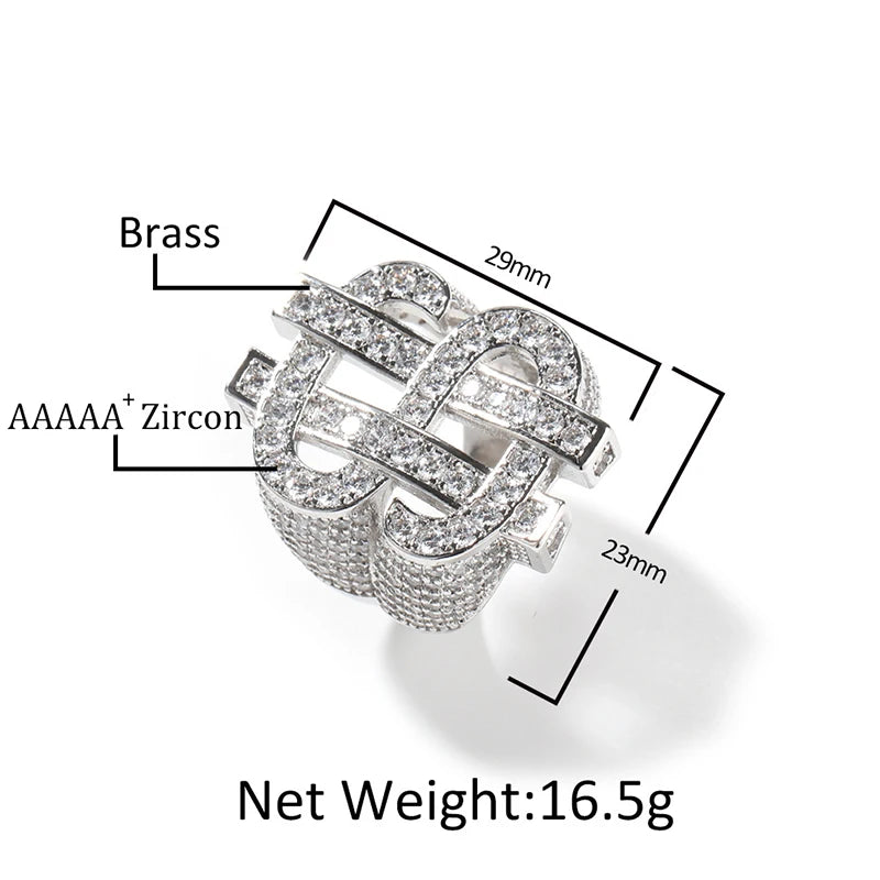 Iced Out Dollar Sign Ring for Men — Two-Tone CZ Pave