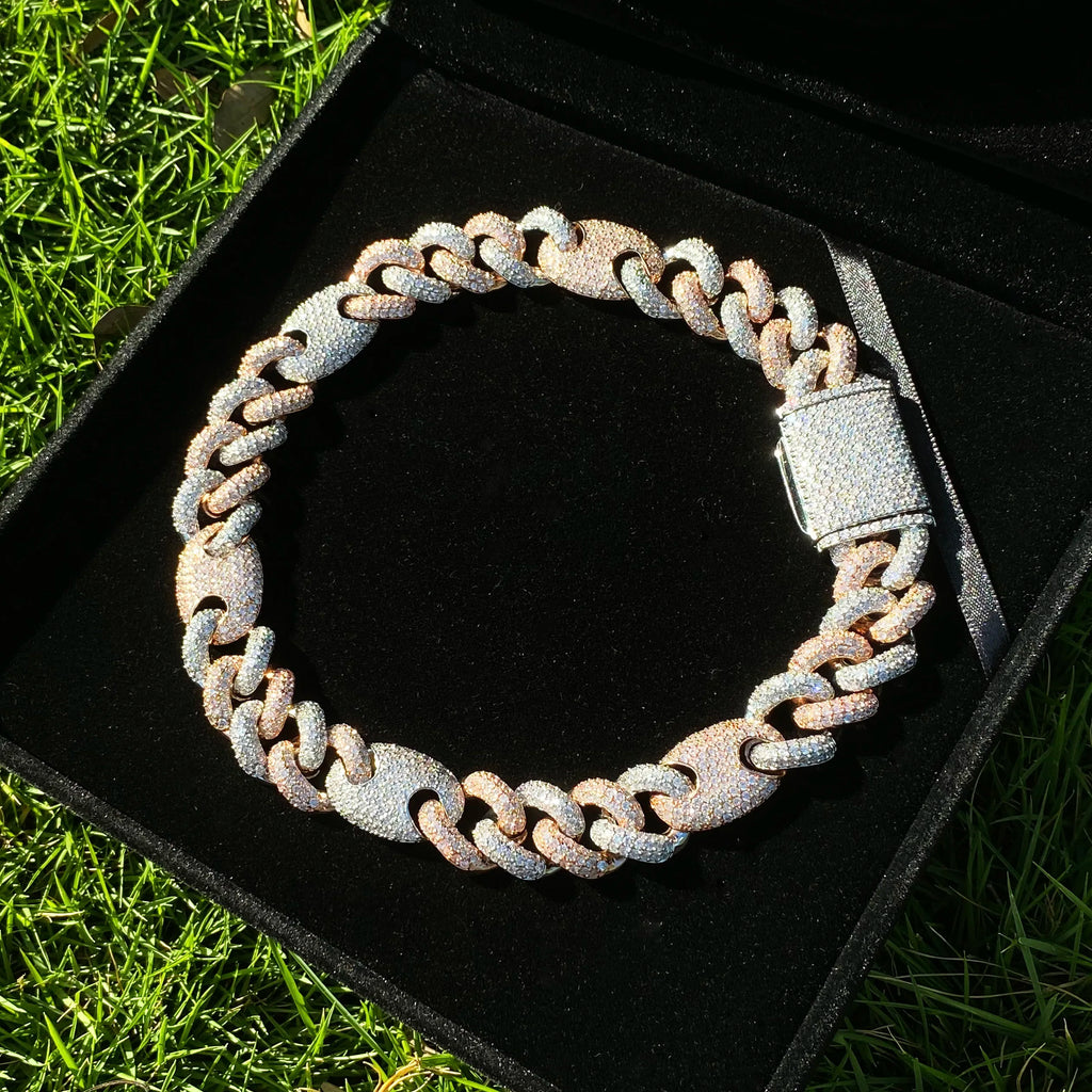 Aokaishen Iced Out Cuban Link Chain for Men Two Tone Prong Necklace Real Copper Cubic Zirconia Hip Hop Jewelry