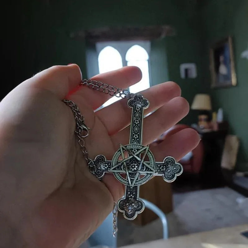 Inverted cross necklace, Gothic jewelry, Pentagram, Retro, Pagan, Witchcraft, punk, Carved cross Charm, Choker For