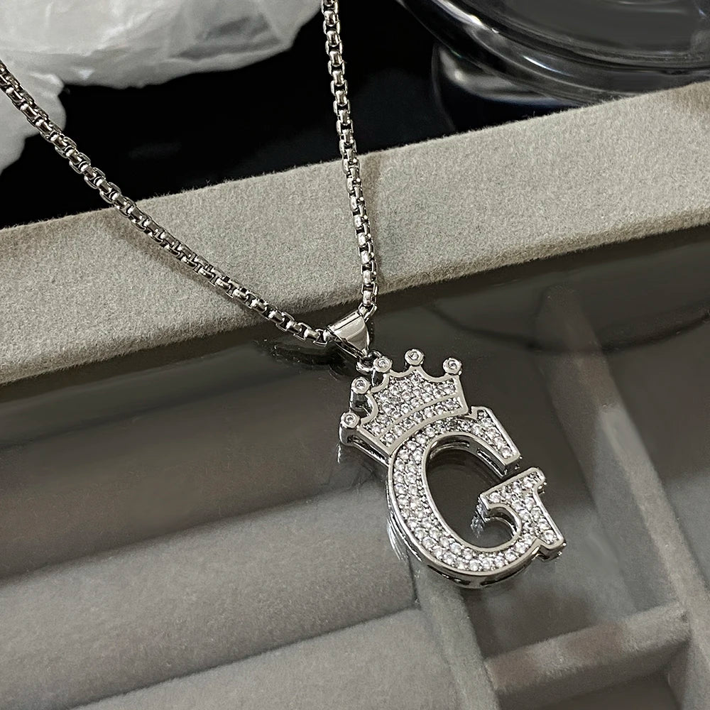 Freetry 26 Letters A-Z Zircon Crown Pendant Necklace for Women Men Punk Initial Alphabet Necklaces Hip Hop Choker Chain
