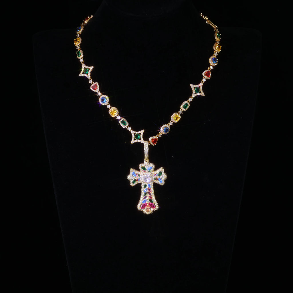 Cross Pendant Necklace Iced Out Multi-Color CZ
