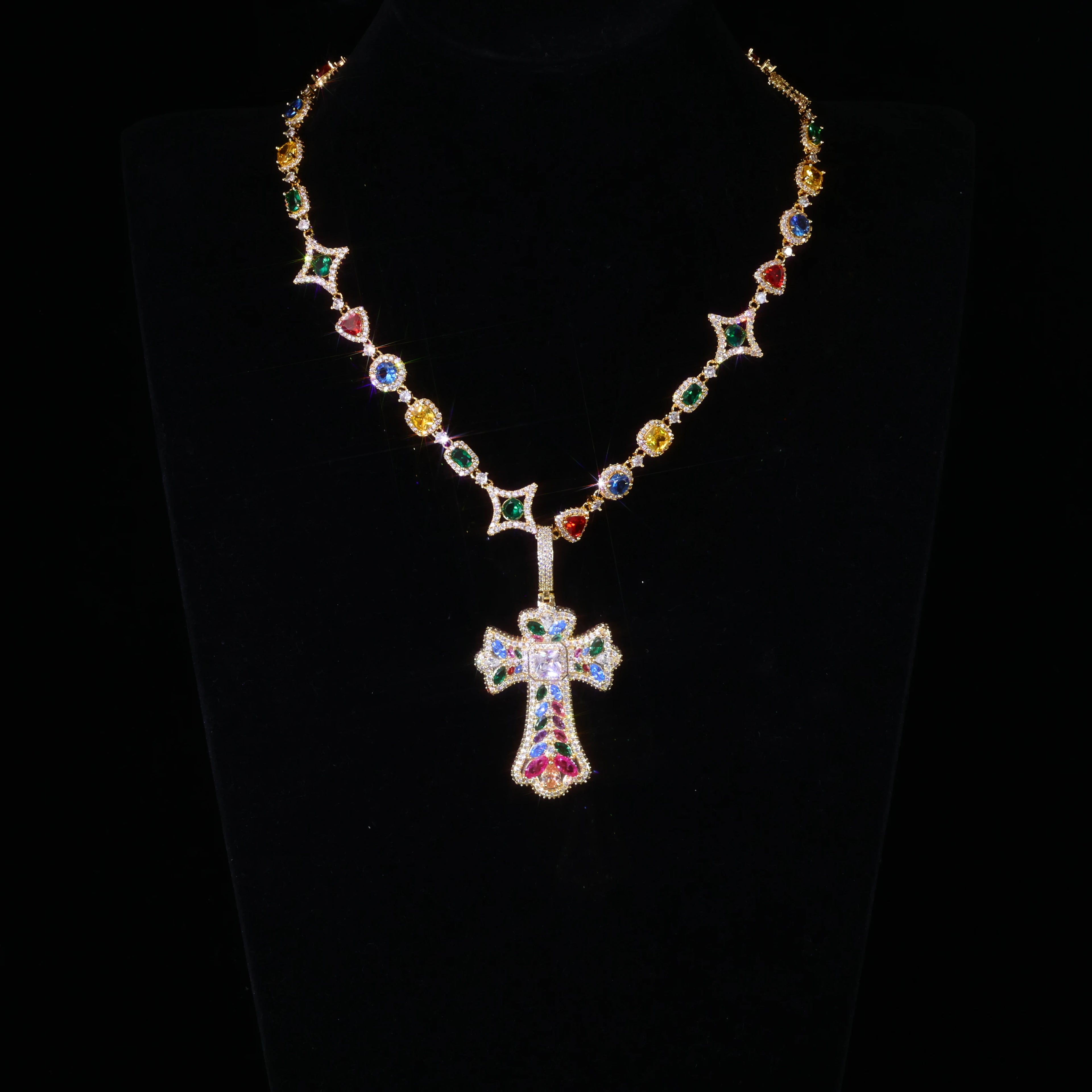 Cross Pendant Necklace Iced Out Multi-Color CZ