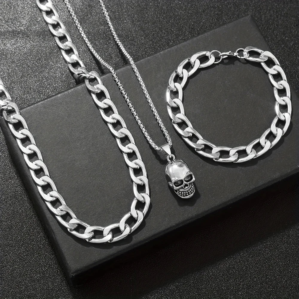 Skull Pendant Necklace, Curb Chain Bracelet & Ring Set — 4 Pcs