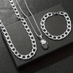 Skull Pendant Necklace, Curb Chain Bracelet & Ring Set — 4 Pcs