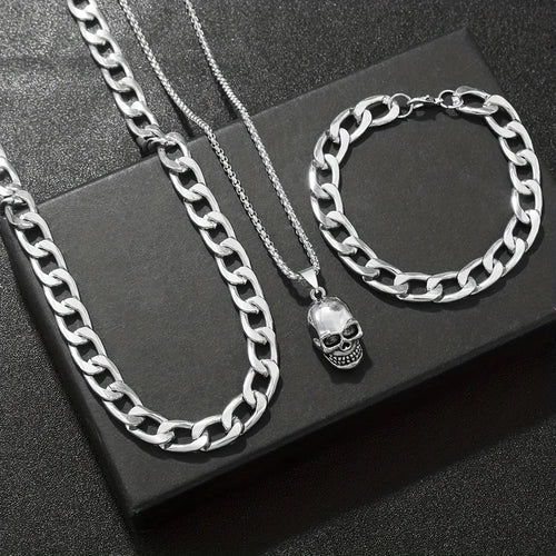 4Pcs Men Jewelry Set Alloy Skull Pendant Necklaces Curb Chain Bracelet Ring Punk Street Party Accessories