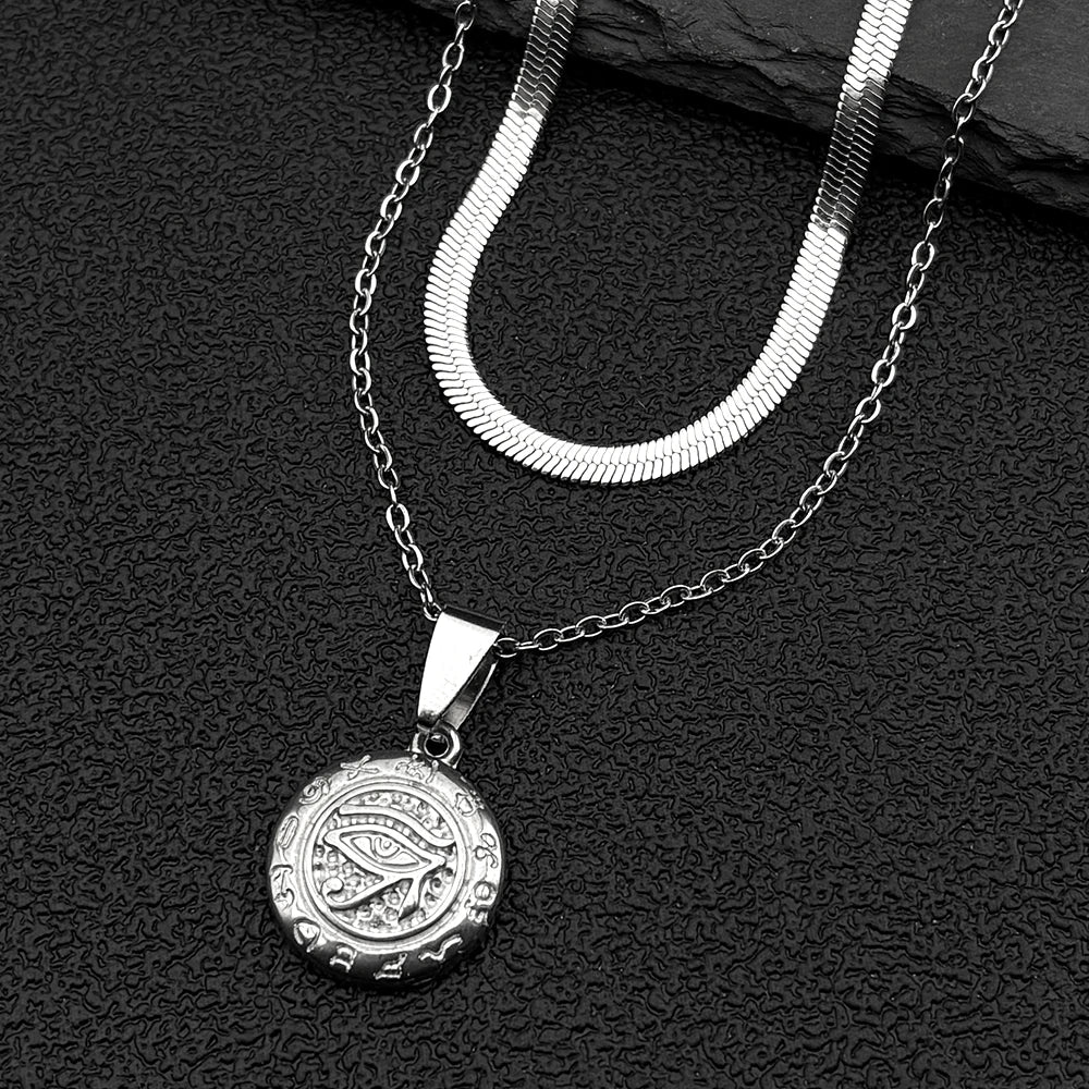 Stainless Steel Egyptian Eyes Hieroglyph Chain Necklace for Women Men Gold Color Eye of Ra Horus Symbol Pendant Necklace Jewelry