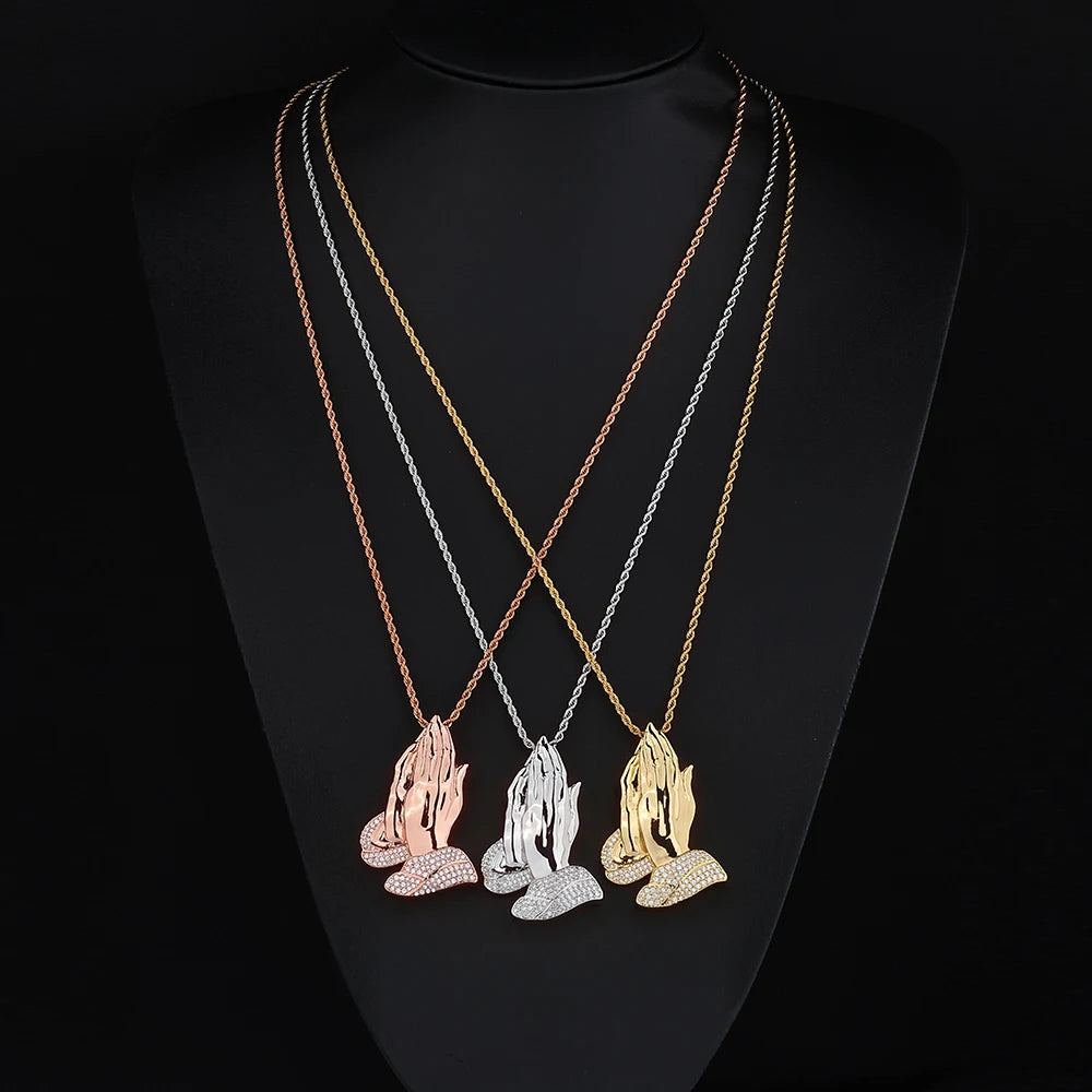ESKEEM Wholesale Hip Hop Iced Out CZ Hamsa Hand Pendant Necklace Jewelry for Women Men Gold Silver Charm Diamond Pendant Gift