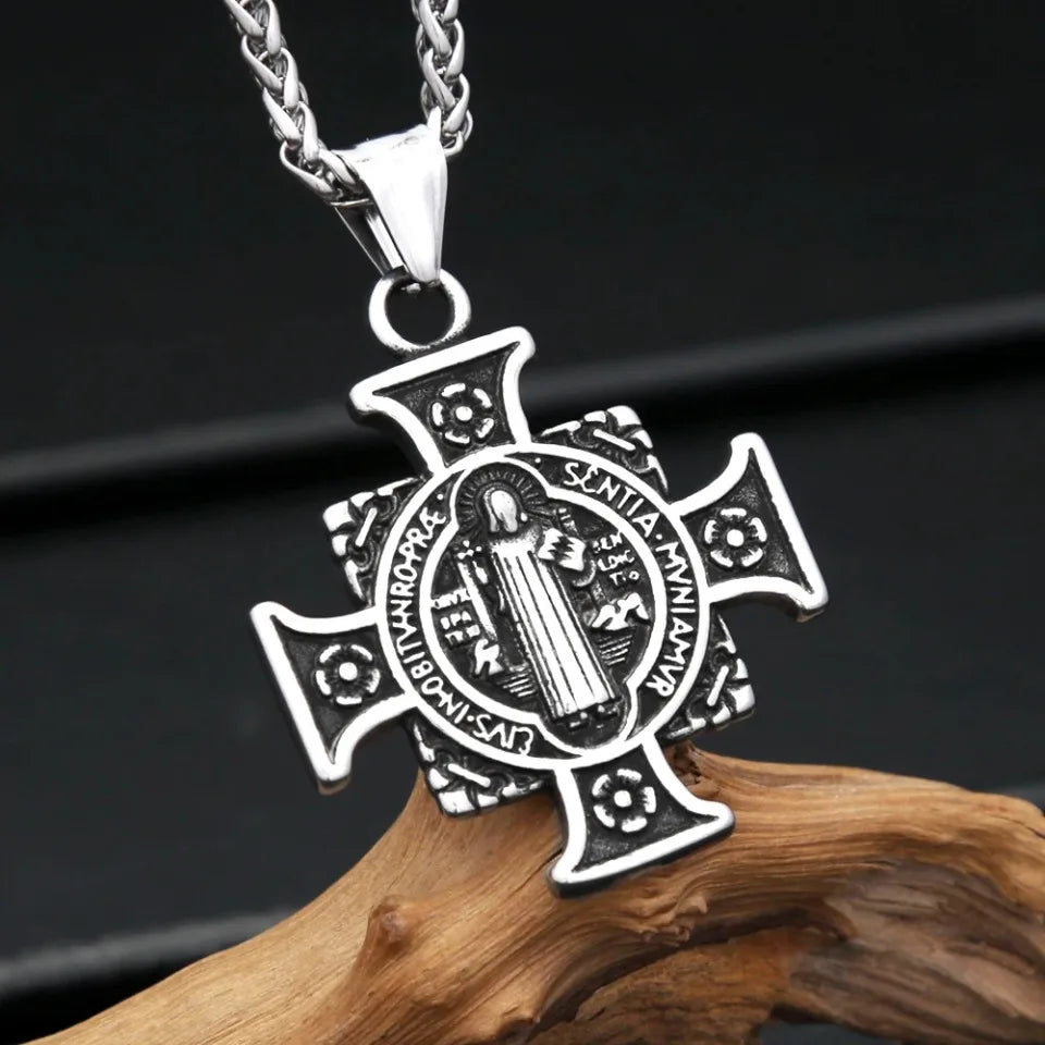 Vintage Stainless Steel Saint Benedict Exorcist Pendant Necklaces For Men Women Fashion Religious Amulet Jewelry