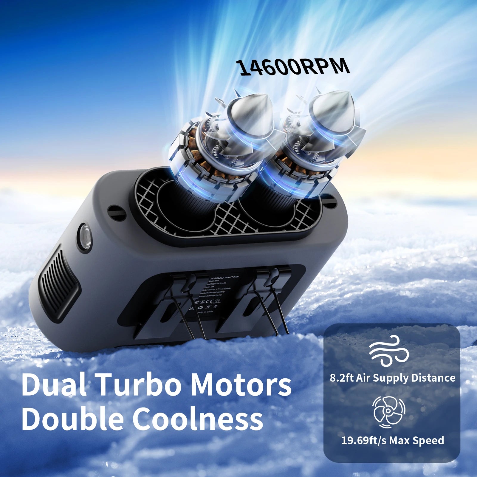 Socoolfan 14500mAh Outdoor Fan Portable Waist Hanging Neck Strong Dual Air Vents Fans for Travel Sports Courier Outdoor