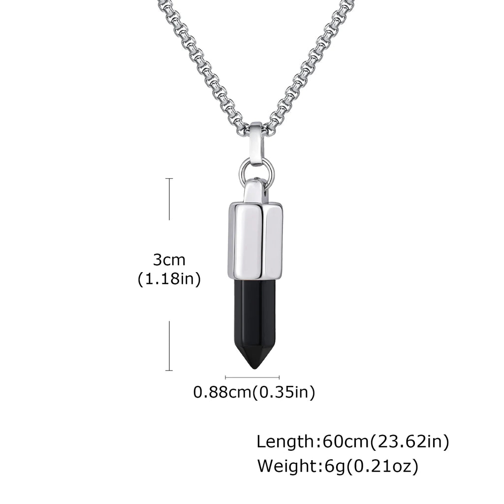 Black Agate Pendant Necklace — Stainless Steel