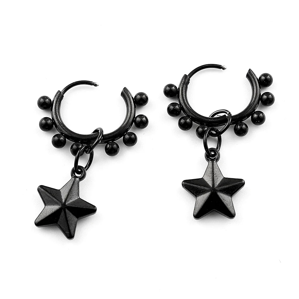 Punk Black Moon Star Hoop Earrings Gothic Crescent Dangle Stainless Steel Beaded Drop Earrings Men Women Hip Hop