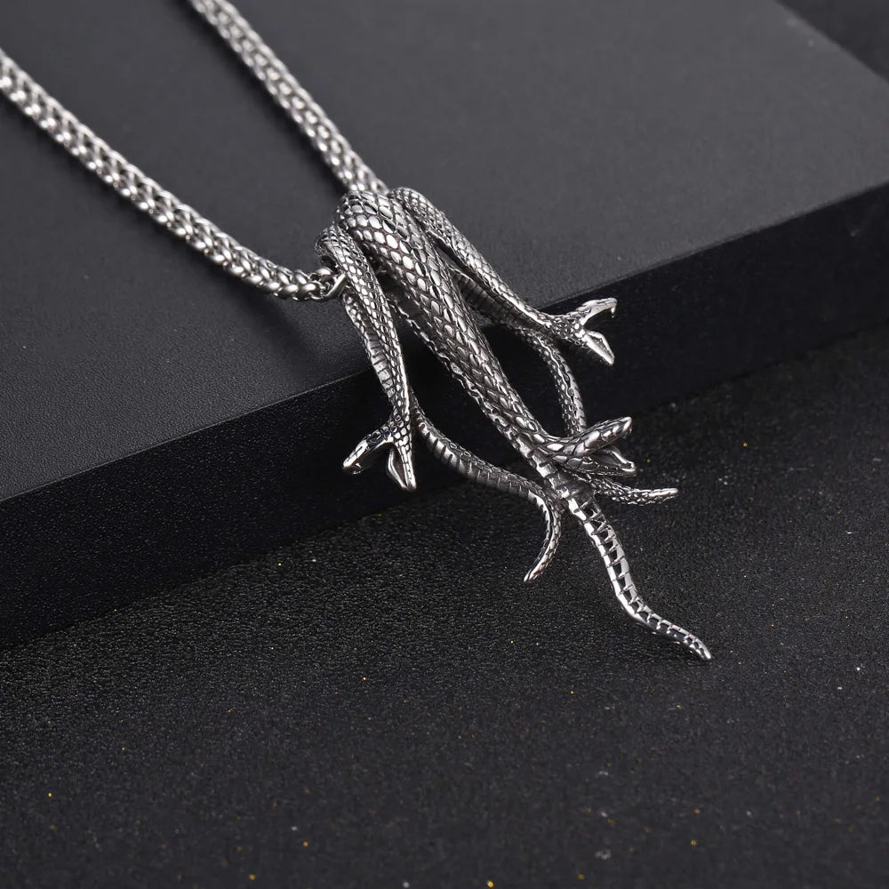 Retro Long Snake Three Headed Snake Pendant Necklace Stainless Steel Punk Biker Snake Necklace For Men Women Jewelry Gift