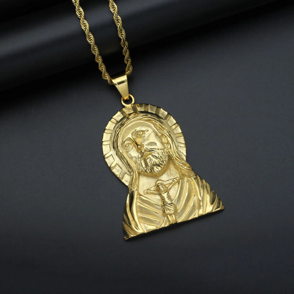 Gold Jesus Christ Face Pendant Necklace for Men — Stainless Steel