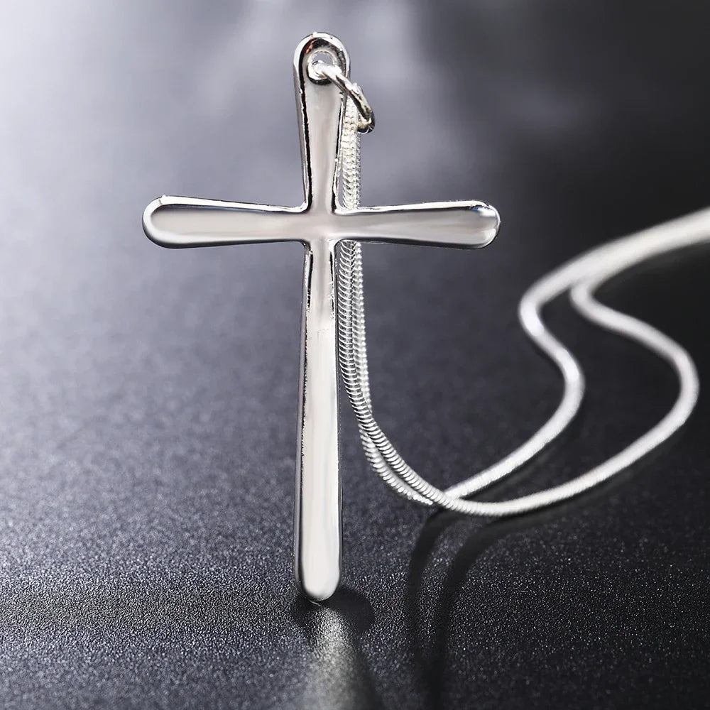 Silver Long Cross Pendant Necklace Women Men Fashion Wedding Engagement Jewelry Gift