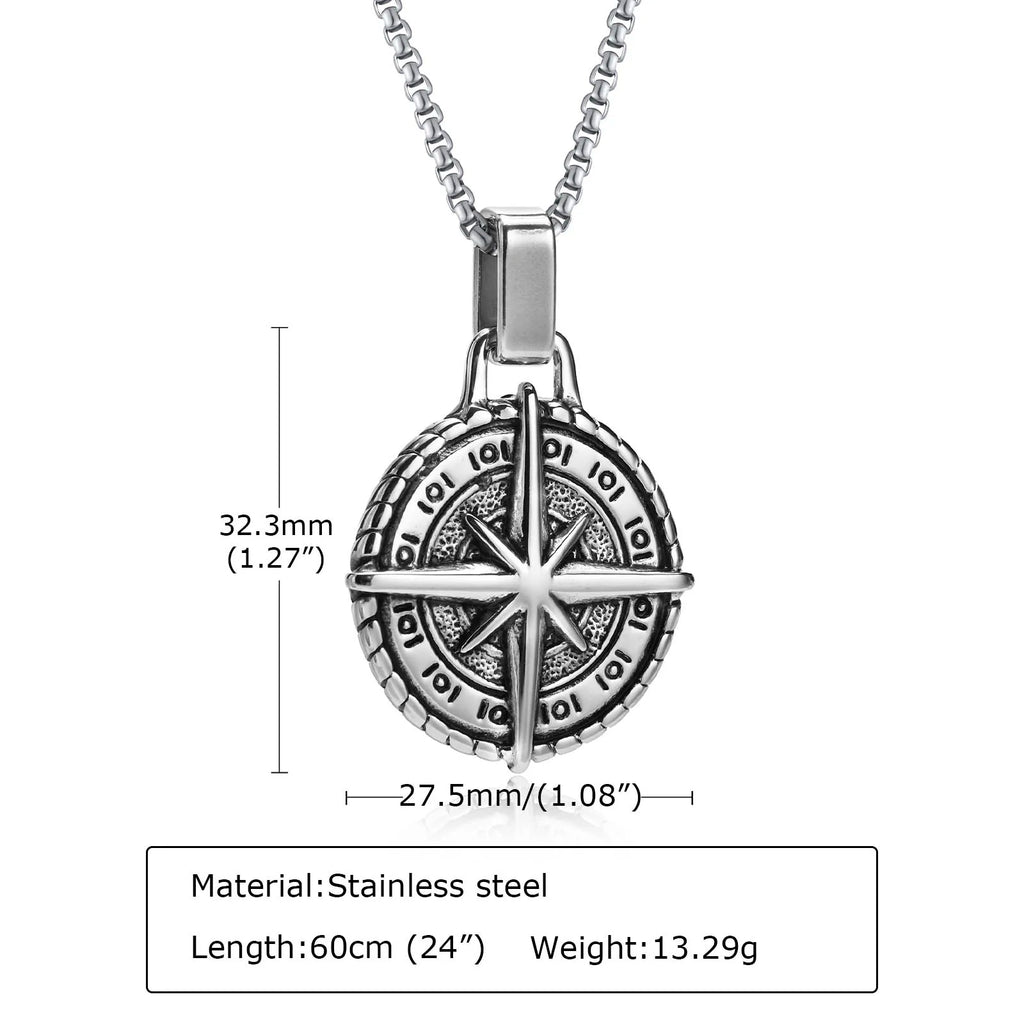 North Star Men Necklace ,Stainless Steel Compass Pendant,Mens Jewelry, Coin Form Handmade Necklace