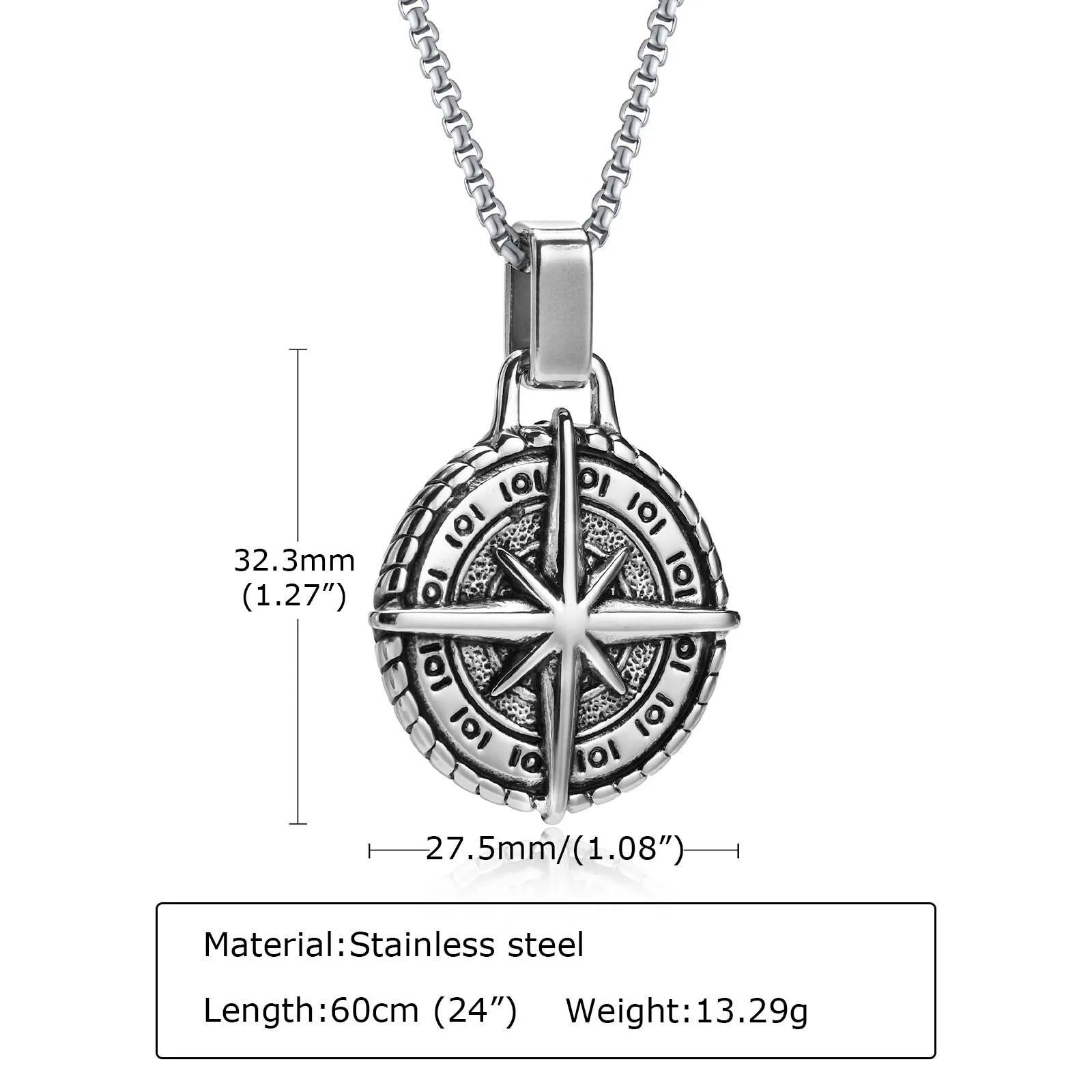 North Star Men Necklace ,Stainless Steel Compass Pendant,Mens Jewelry, Coin Form Handmade Necklace