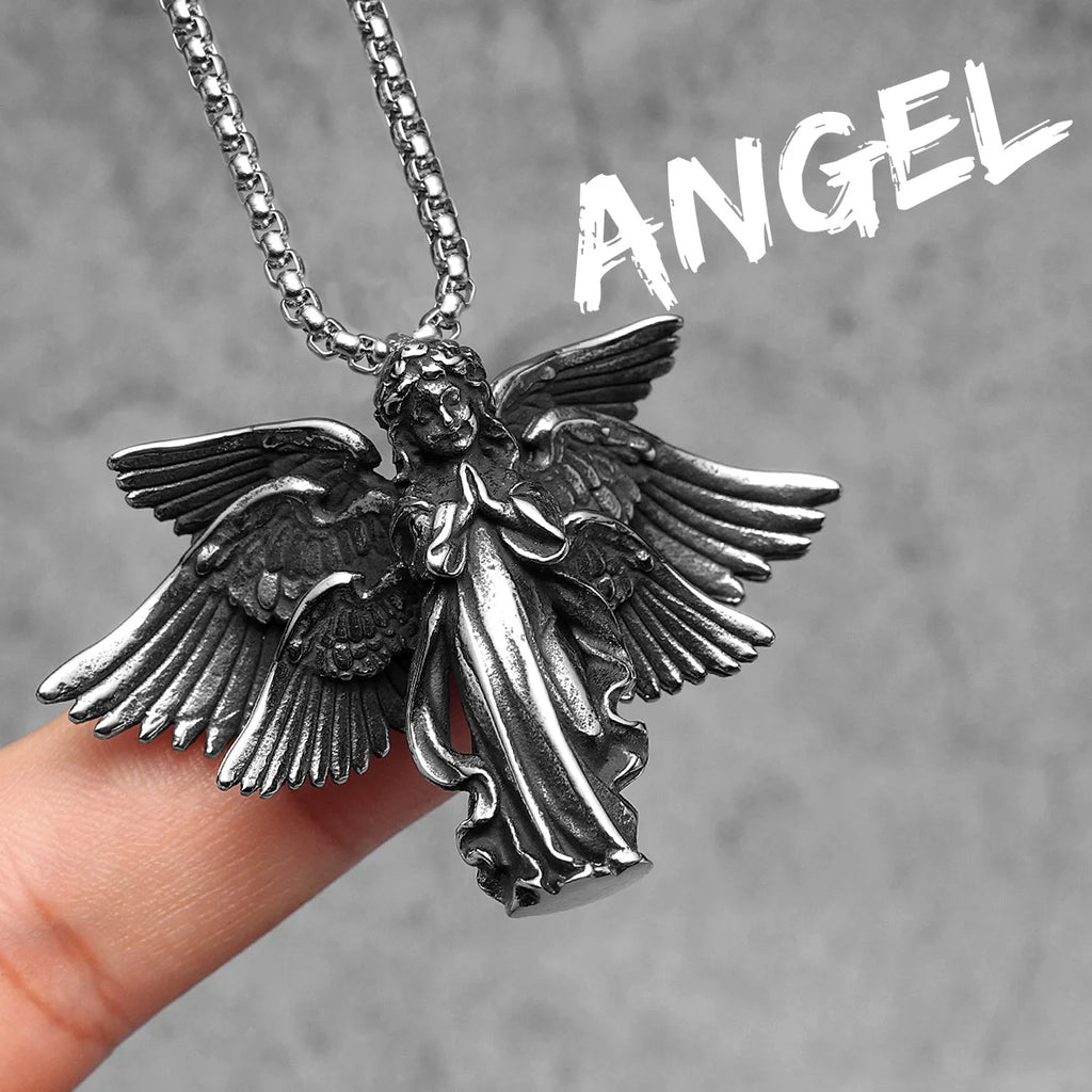 Angel Wing Cross Pendant — Stainless Steel