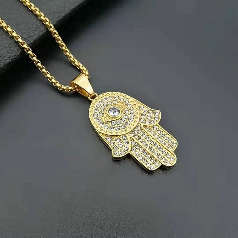 New Men's Fashion Titanium Steel Gold Plated Full Rhinestones Hand of Fatima Pendant Necklace Religious Personality Jewelry