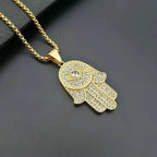 New Men's Fashion Titanium Steel Gold Plated Full Rhinestones Hand of Fatima Pendant Necklace Religious Personality Jewelry