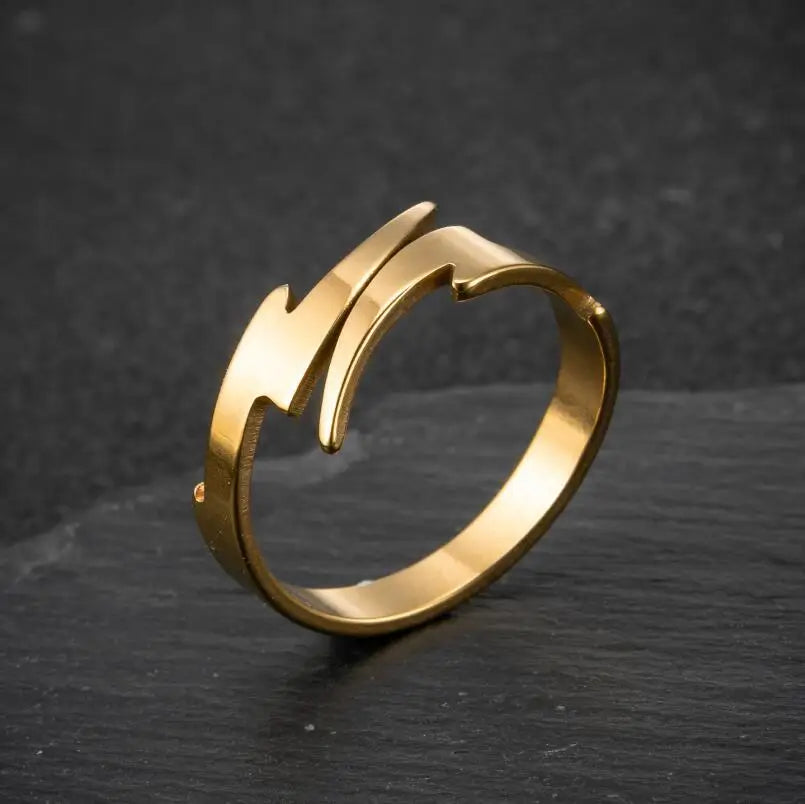 Minimalist Lightning Bolt Open Ring — Adjustable Geometric Glossy