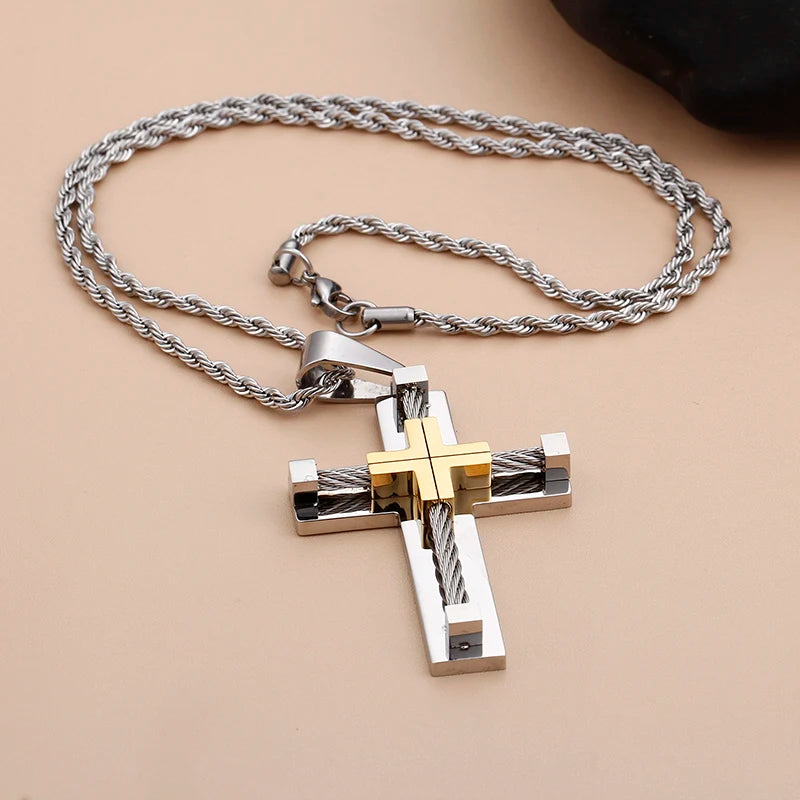 Fongten Stainless Steel Pendant Necklace for Men Multiple Color Cable Cross Twisted Link Chain Male Neck Christian