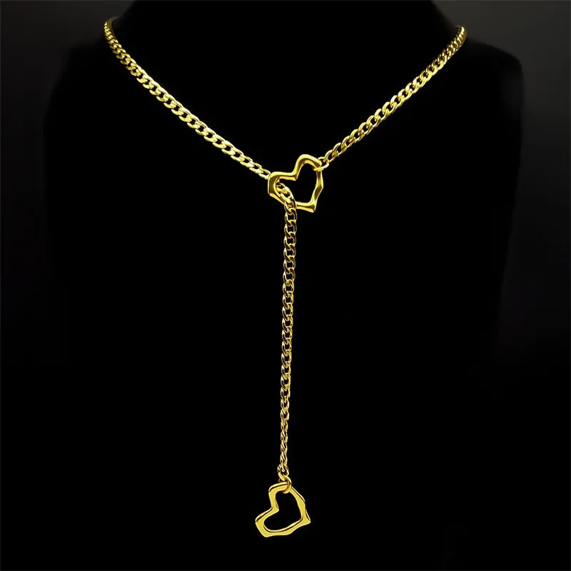 Heart O-Ring Long Chain Necklace — Stainless Steel