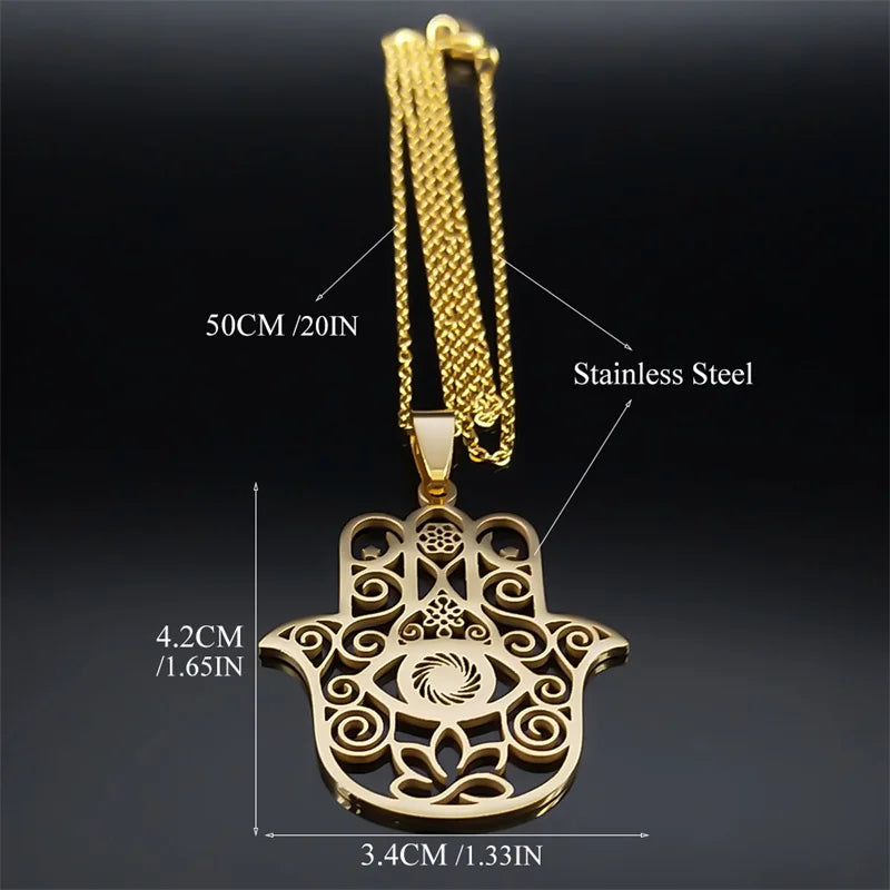 Hamsa Hand Muslims Judaism Hollow Necklace for Women Hand of Fatima Lotus Flower Stainless Steel Necklaces Jewelry Gift