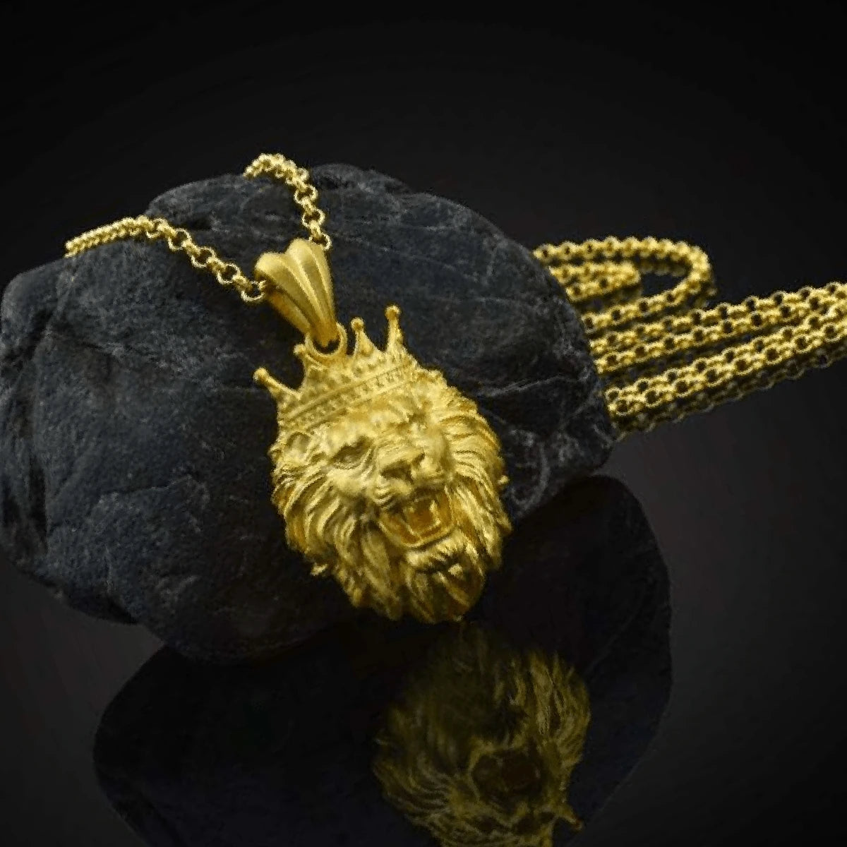 Crown Lion Head Pendant Necklace — Stainless Steel