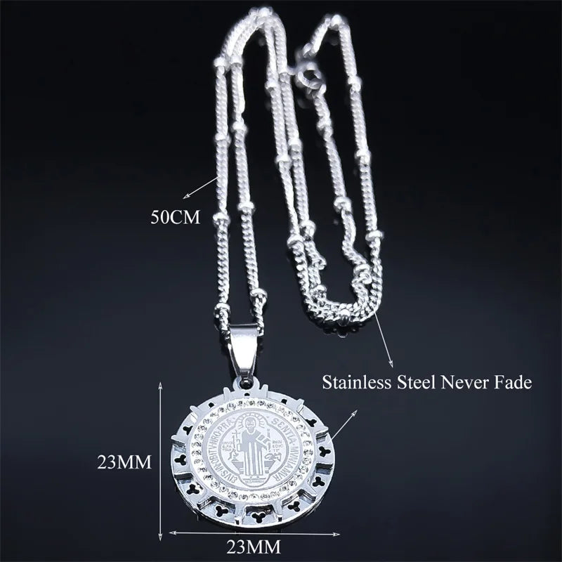 Catholic Saint Benedict Medal Necklace for Women Men Stainless Steel Silver Color San Benito Religious Chain Jewelry N8085S02