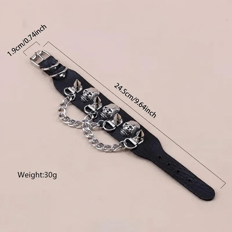 90s Gothic Skull Spike Bracelet Adjustable Punk Rock Bracelet Black Studded Faux Leather Wristband Bracelet for Men