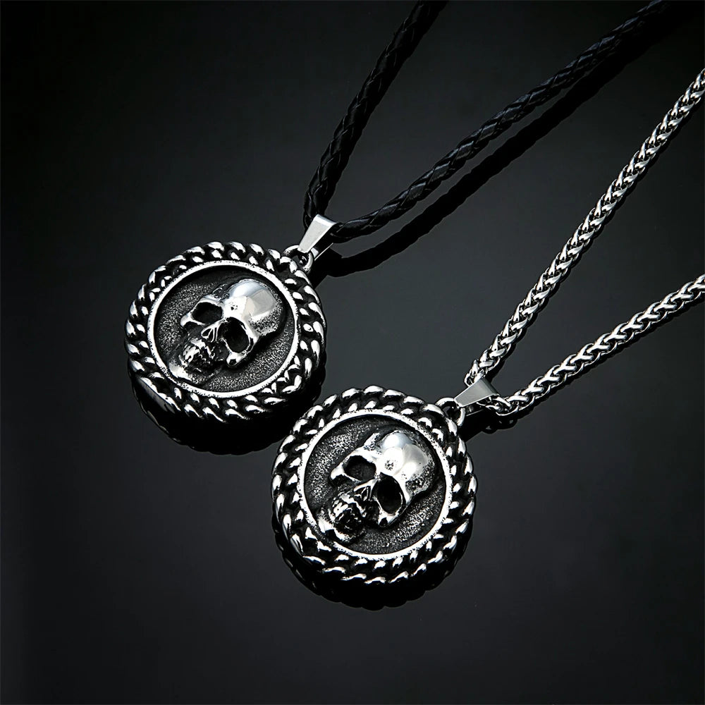 Viking Double-Sided Skull Pendant Necklace — Stainless