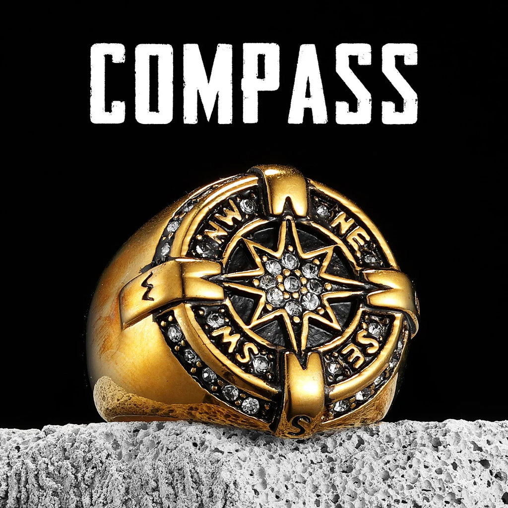 Iced Out Compass Ring — Stainless Steel