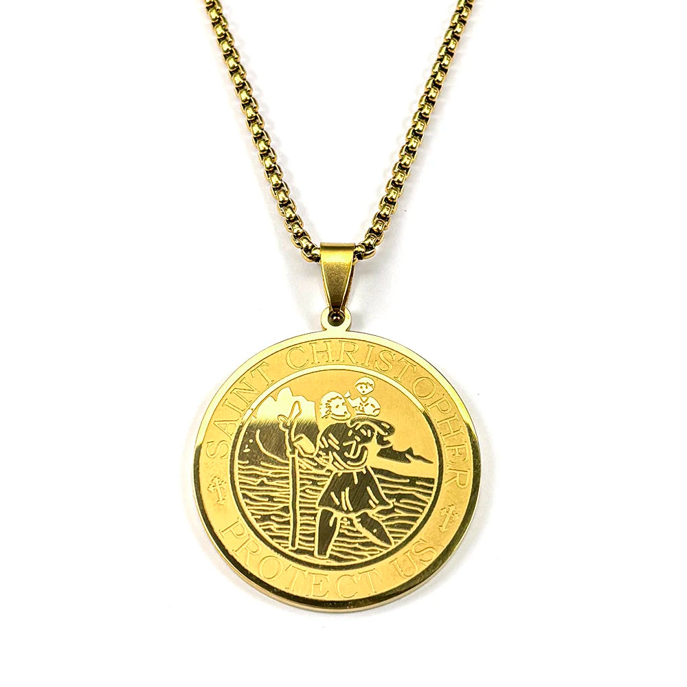 Catholic Saint Christopher Protect Us Round Pendant Necklace for Women Men Stainless Steel Gold Color Amulet Chain